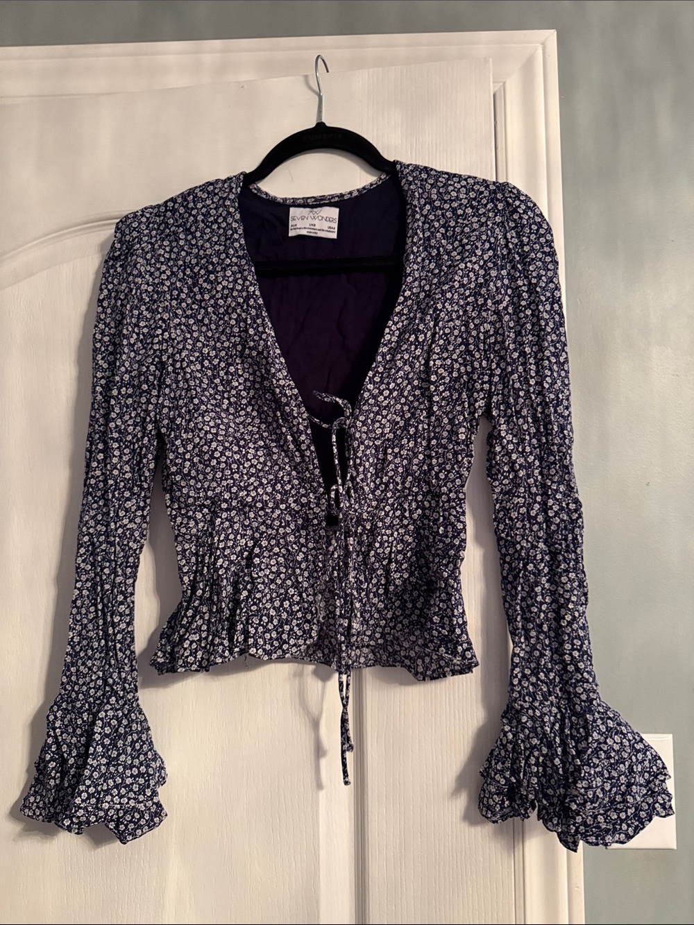 Eloise & Grey Navy Floral Tie-Front Ruffle Blouse